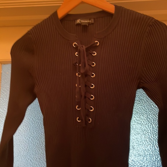 Black INC top with silver rings six small. Stretchy Worn once - Picture 2 of 3